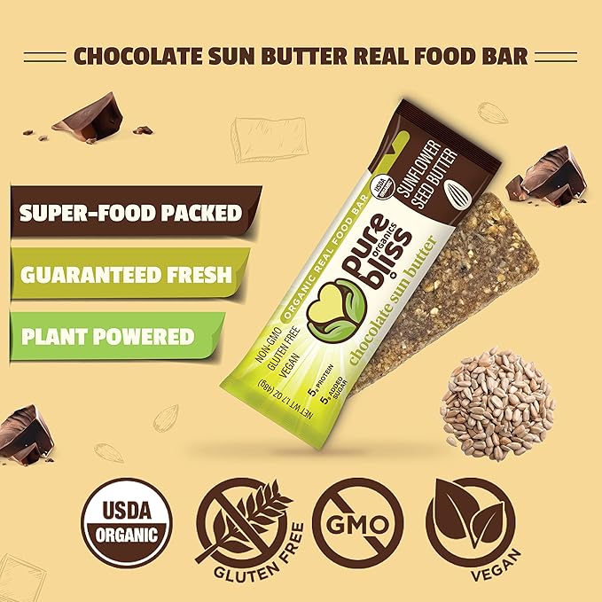 Organic Real Food Bar (Chocolate Sun Butter) Non-GMO, Gluten Free, Vegan, Nutrition Bars, Energy Bars, Super Food Simple Ingredients, Best Tasting, Healthy Snack, Breakfast Bars, Dairy Free, Soy Free, Pure Bliss Organics (1.7 oz bar, 12-Pack Case)