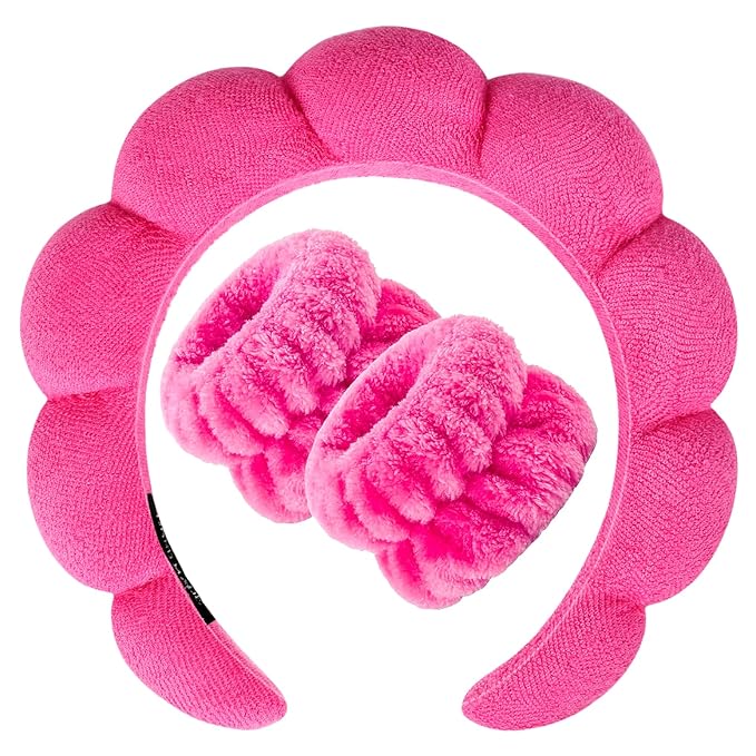 Zkptops Spa Headband for Washing Face Wristband Set Sponge Makeup Skincare Terry Cloth Bubble Soft Get Ready Hairband for Women Girl Puffy Padded Headwear Non Slip Thick Hair Accessory(Hot Pink)