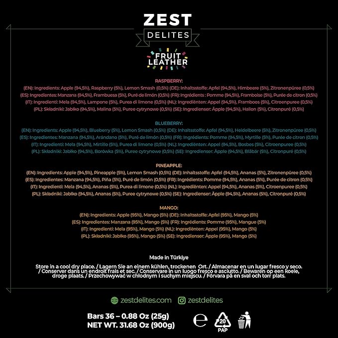 Fruit Snacks by Zest Delites, Fruit Leather Bars, Healthy Snacks for Adults & Kids, Vegan, Dried Apple-Based Pineapple, Mango, Blueberry, Raspberry Strips 0.88 oz x 36
