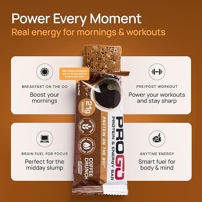 ProGo Protein Bars, Low Sugar, High Protein Snacks (21g) - 95% Pure Isolate for Faster Muscle Growth & Recovery, Low Calorie, Sweetened w/Peanut Butter & Raw Honey (20-Count, Coffee Crunch)