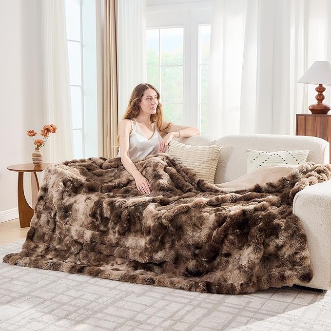 Lotus Karen Faux Fur Throw Blanket Tie-Dye Dark Coffee - Big Bubble Rabbit Fluff Blanket for Couch,Small Fluffy Fuzzy Cozy Blanket,Thick Furry Plush Shaggy Blankets,60x80 Inches
