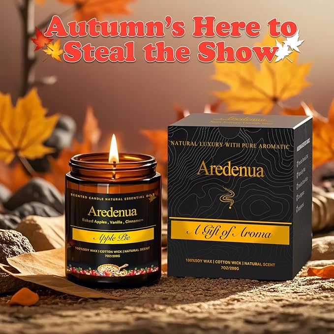Fall Candles - Apple Pie Candle | Apple Scented Candles for Thanksgiving, 7oz Fall & Winter Soy Candle for Home Scented, 50 Hours Burn Time, Harvest Holiday/Halloween/Autumn Gifts for Women Men