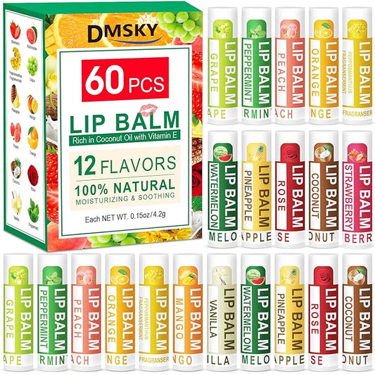 DMSKY Natural Lip Balm Bulk 60 Pack, Moisturizing Lip Balm with Vitamin E and Coconut Oil, Lip Care Product for Chapped Lips-12 Flavors