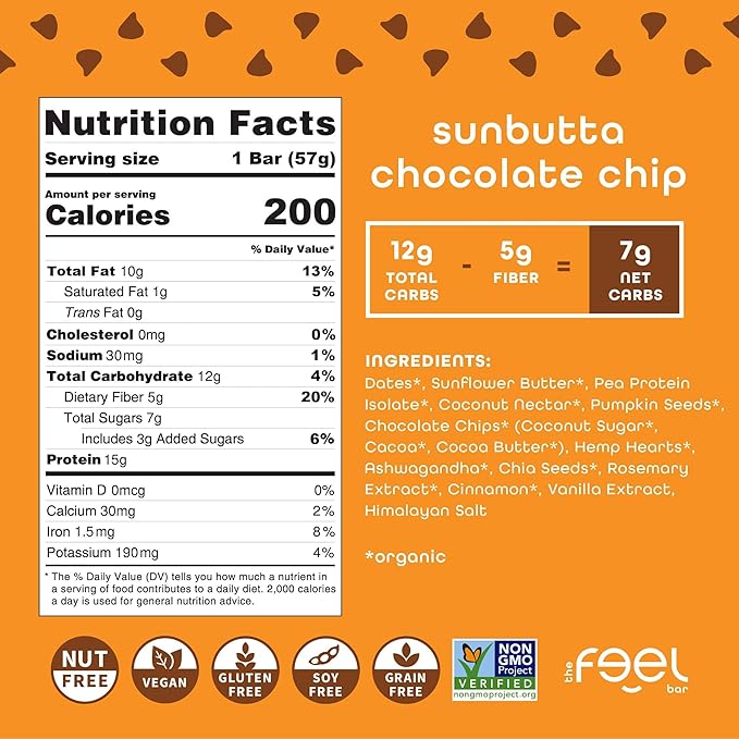 Feel Vegan Protein Bars | Sunbutta Choco Chip | Keto | Gluten Free | Organic | 15g Plant Protein | Low Carb | High Protein | Dairy Free | Low Sugar | Nut, Grain, Soy Free | Non GMO | 10 Pack
