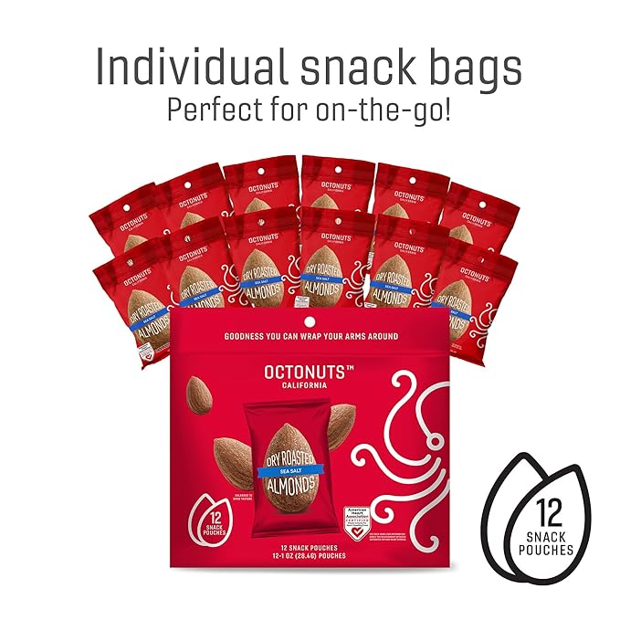 Octonuts Sea Salt Almonds – 12 Individually Wrapped Snack Packs (1oz Each), Healthy Snacks for Adults and Kids, Non-GMO, Keto and Gluten-Free, Roasted in Cold Pressed Olive Oil