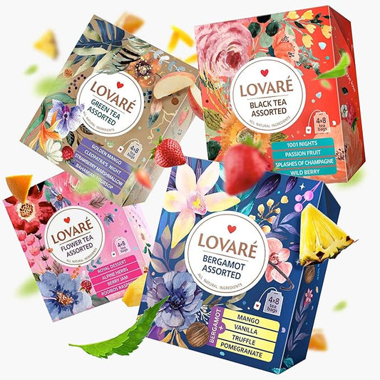 LOVARE Assorted Tea Variety Pack 32 Pack per Box - Made in Ukraine - Set of 4 Tea Bags Individually Wrapped 128 Pack - Bergamot Black, Floral, Black and Green Assorted Tea Bags Variety Pack