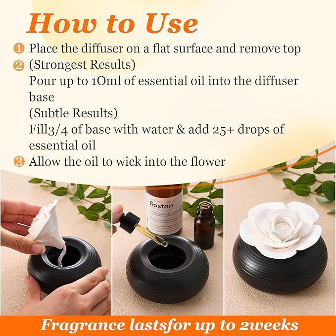 Honeydak 1 Pcs Flower Passive Essential Oil Diffuser Stone White Ceramic Porcelain Floral Diffuser with Container Non Electric Handmade Decorative Tabletops Home Decoration Christmas (Camellia)