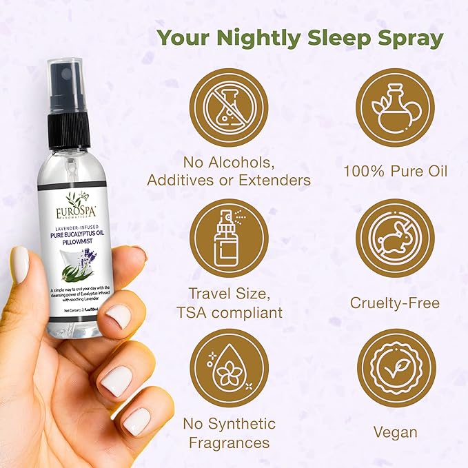 EuroSpa Aromatics Lavender-Infused Pure Eucalyptus Oil Pillow Mist Sleep Spray - Deep Sleep Pillow Spray - Lavender Bed Spray - Lavender Spray Sleep Mist - Lavender Linen Spray for Bedding - 2oz