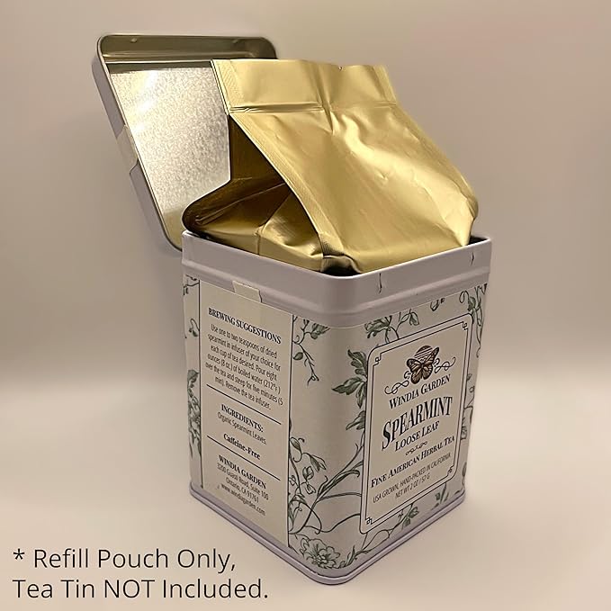 Windia Garden, Spearmint Tea, Loose Leaf Herbal Tea, Grown in USA, Caffeine-Free, Refill Pouch, Hand-Packed in California, Small Woman Owned Business