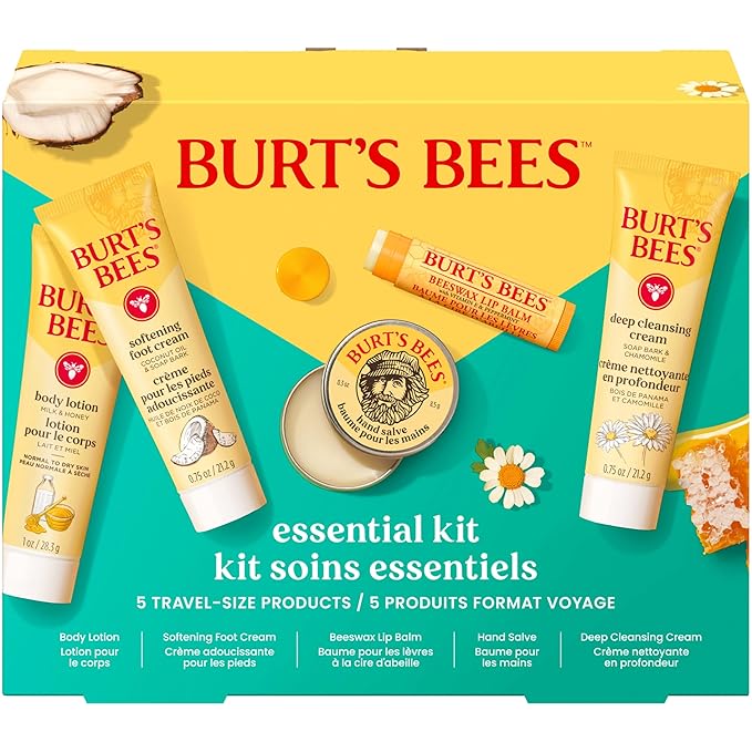 Burt's Bees Christmas Gifts - Essentials Everyday Set, 5 Travel Size Products for Stocking Stuffers - Deep Cleansing Cream, Hand Salve, Body Lotion, Foot Cream and Original Lip Balm