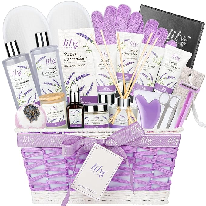Christmas Gifts for Women - 22-Piece Luxury Lavender Bath and Body Gift Basket Set for Women, Spa Gift Basket with Bath Bomb, Diffuser | Self Care Mothers Day Birthday Gifts for Her, Bridal Shower