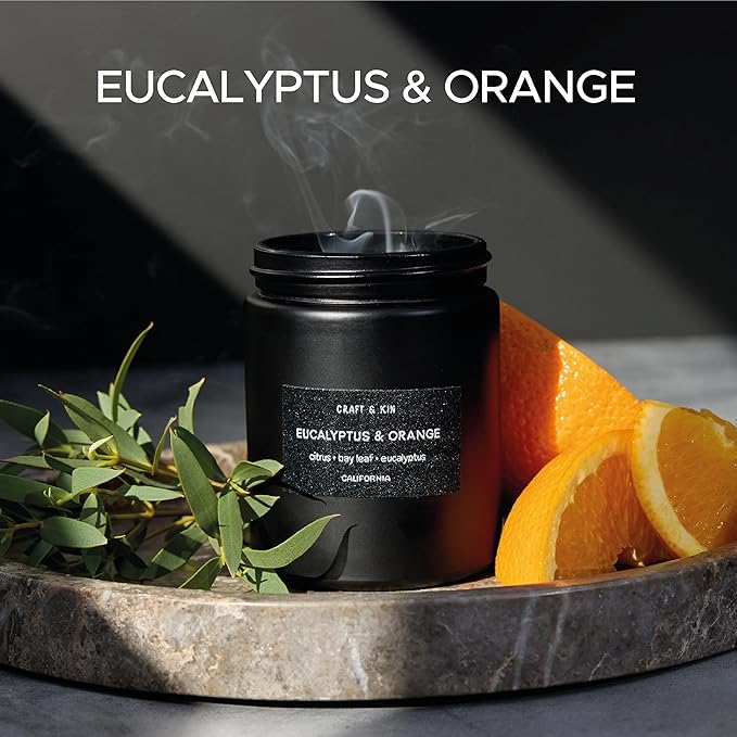 Craft & Kin Premium Orange & Eucalyptus Candle | Black Scented Candles for Home | Long Lasting with 45 Hour Burn Time, 7.6oz | Made with Soy | Aromatherapy at Home | Gifts for Men