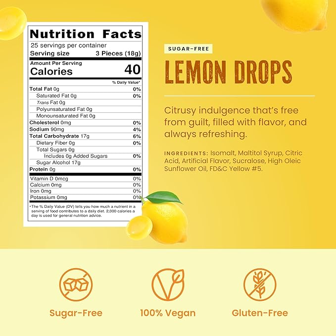 Cambie Sugar Free Lemon Drops, 1 lb of Sugar Free Hard Candy, Individually Wrapped Lemon Drops with a Refreshing & Sweet Citrus Flavor, Packaged Fresh in a Resealable Pouch