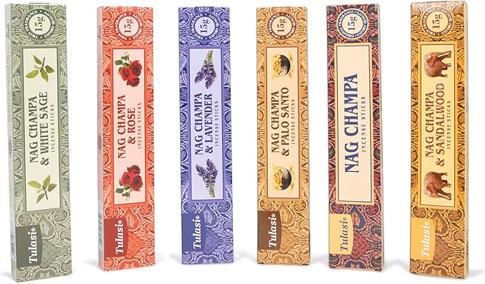 Tulasi Nag Champa Incense Sticks Gift Pack of 6, Hand Rolled Fragrance Incense Sticks for Aromatherapy, Relaxing, Yoga, Meditation, Prayer, Agarbatti Stick with Natural Oils, Thanks Giving (15gm x 6)