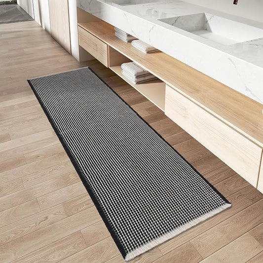 AMOAMI Upgraded Waffle Runner Rug Super Absorbent Non Slip Bath Mats for Bathroom Machine Washable Bathroom Runner Rug with Tassels, Ideal for Hallway Bedroom Laundry Room, 17" x 72", Black & Cream