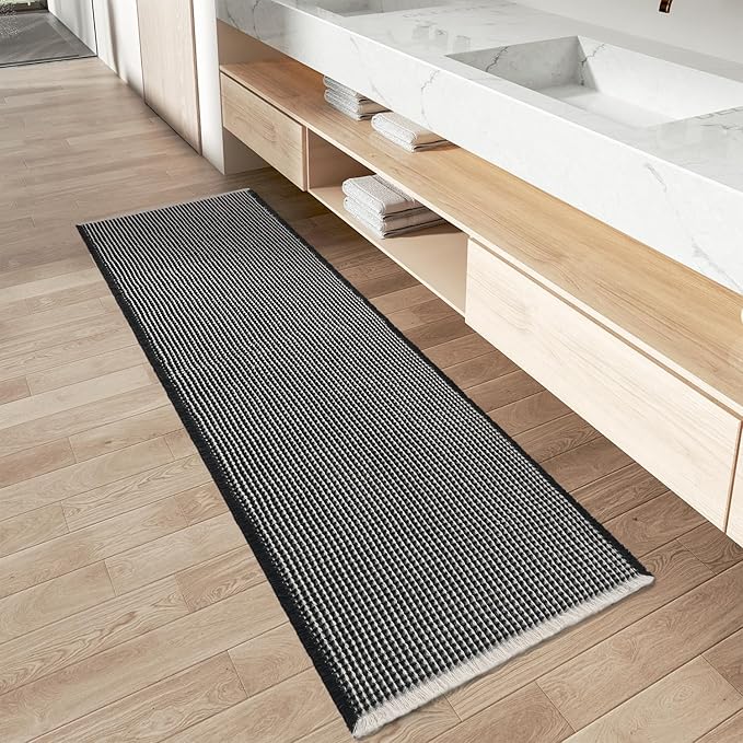 AMOAMI Upgraded Waffle Runner Rug Super Absorbent Non Slip Bath Mats for Bathroom Machine Washable Bathroom Runner Rug with Tassels, Ideal for Hallway Bedroom Laundry Room, 17" x 60", Black & Cream