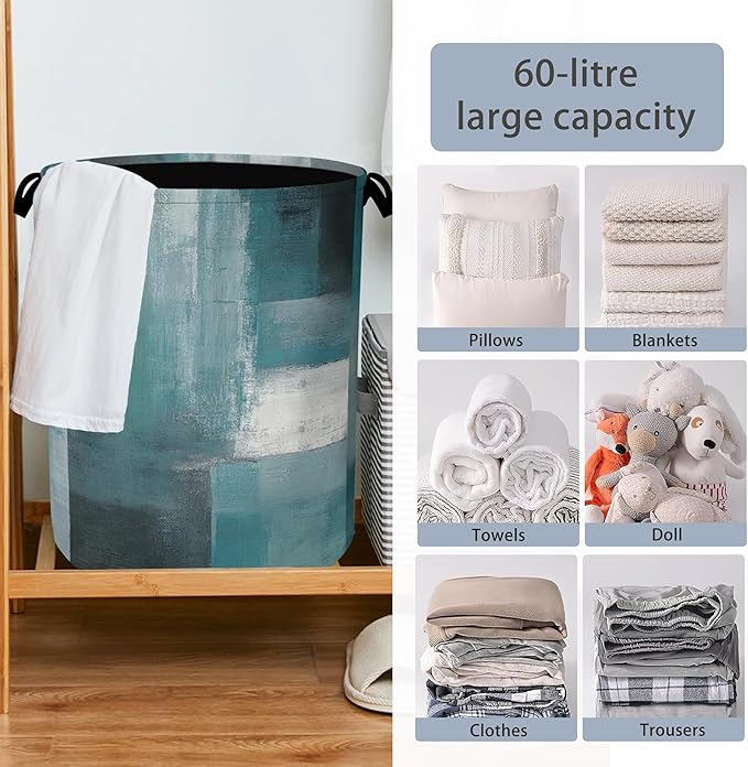 Blue Gray Modern Laundry Basket,Art Foldable with Handles Tote Bag Oxford Cloth for Bathroom Bedroom Dirty Clothes Storage Bucket 16" x 20.8"