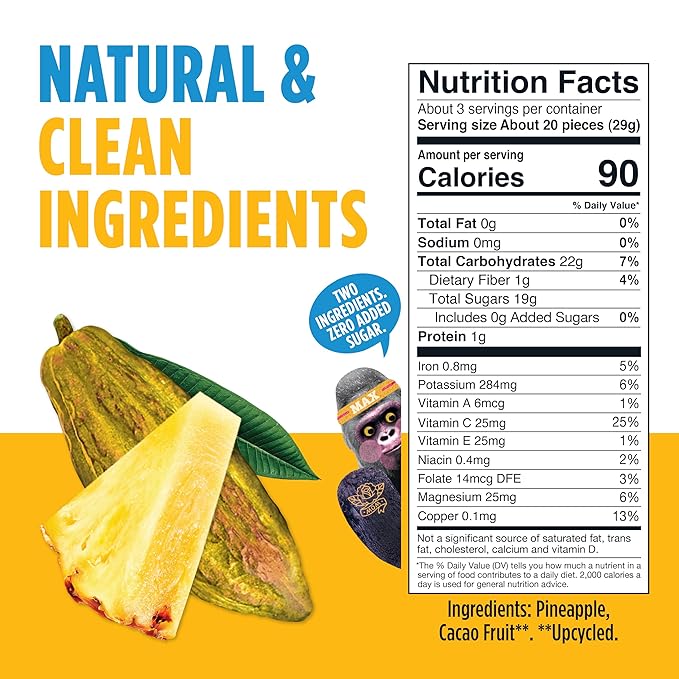 Blue Stripes Cacao Superfruit Gummies - Vegan Chewy Fruity Snack, No Sugar Added 100% Fruit Gummy, 9 Essential Vitamins & Minerals, Natural Tropical Superfood - Pineapple & Cacao, 3.2 oz (2 Pack)