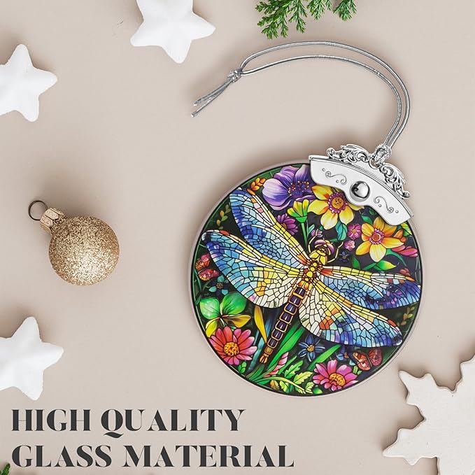 Christmas Tree Ornaments 3 Inch Clear Glass Blanks Round Print Ornament Christmas Hanging Decorative with Silver Ribbon (Dragonfly)