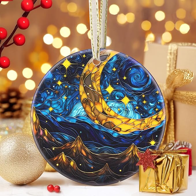 Christmas Ornament - 3.5 Inch Ceramic Hanging Decoration for Tree, Holiday Presents, Gift Exchange - Retro Moon Star