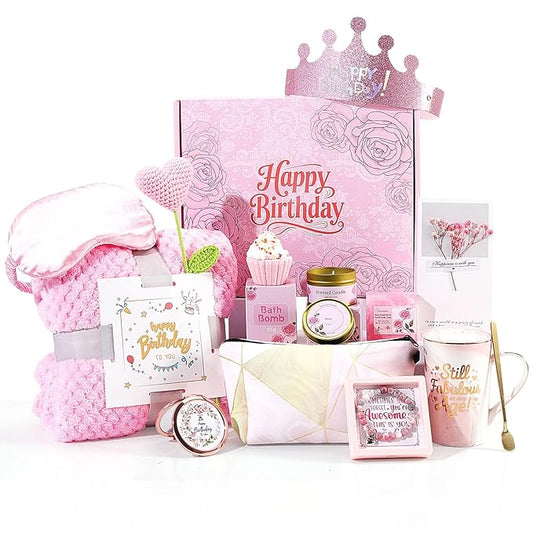 Birthday Gifts for Women Birthday Gift Basket Unique Pink Birthday Gift Box for Women Mug Gifts Set Relaxing Spa Self Care Gifts with Blanket for Mom Her Wife Grandma Girlfriend Coworker