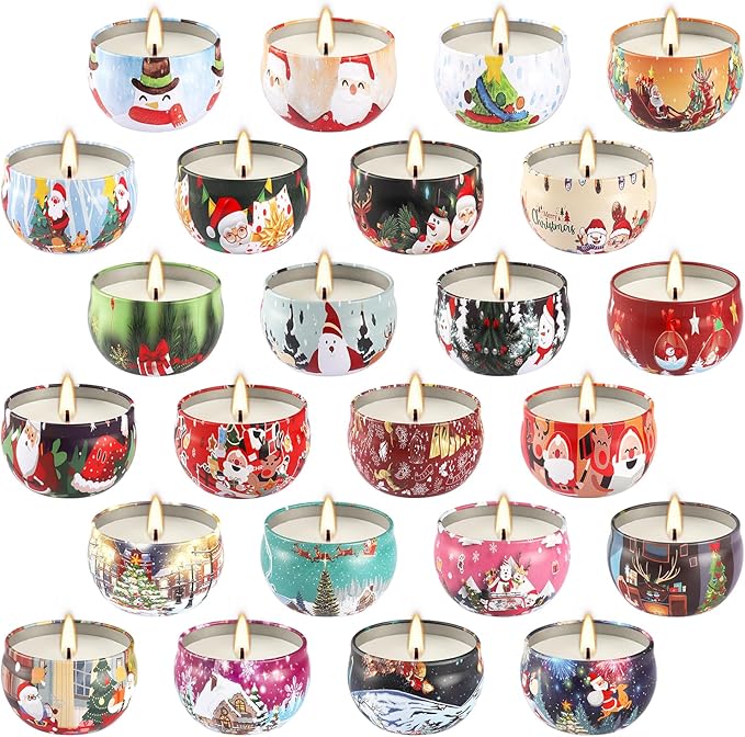 24Pack Christmas Scented Candle Tins Gift Set - Soy Wax Festive Aromatherapy Candles 2.5oz- Smokeless Long Lasting Burn time for Christmas Gifts Holiday Decor & Gifting.