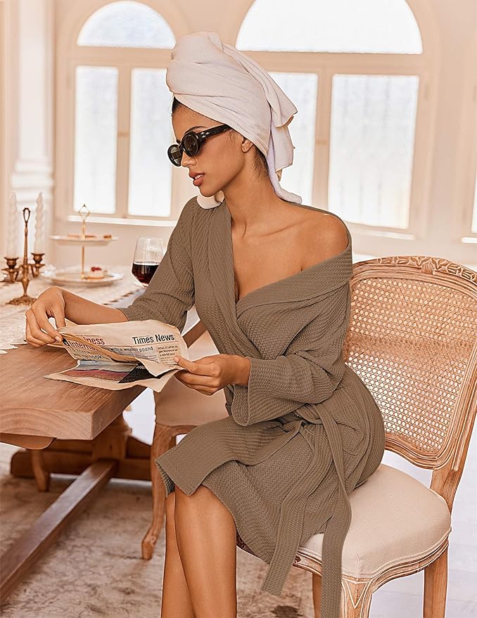 Ekouaer Robes for Women Waffle Knit Bathrobe Lightweight Kimono Robe Knee Length Loungewear with Pockets