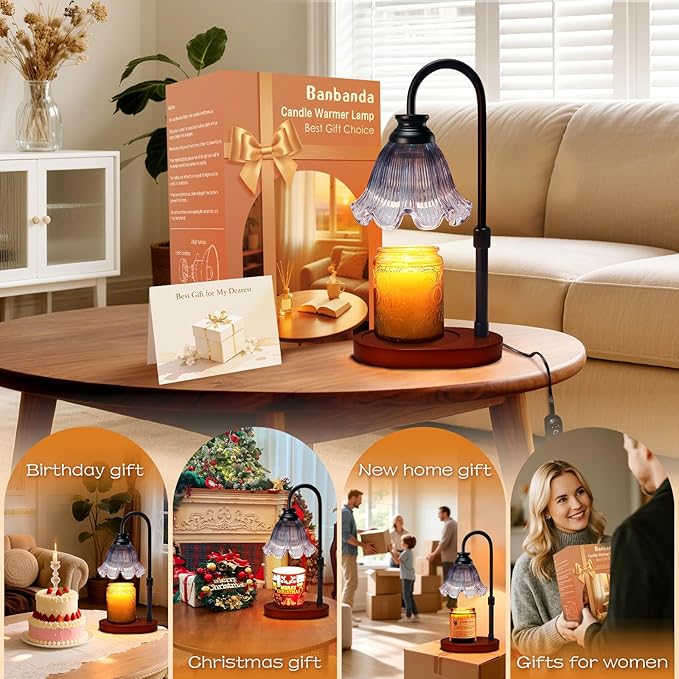 Flower Candle Warmer Lamp with Timer: Birthday Gifts for Women Mom, House Warming Gifts New Home Decor, Dimmable Candle Warmer for Jar Candles, Height Adjustable Wax Melts Warmer (Gray)