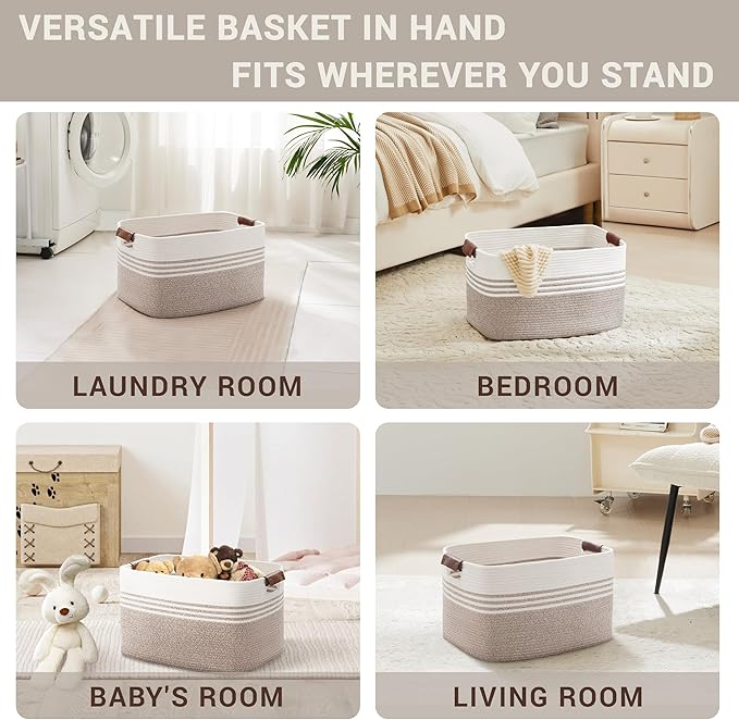 45L Small Laundry Basket with Leather Handles for Living Room Storage, Woven Rope Baskets Bin for Blanket, Kids Toy, Gifts, Wicker Hamper for Bedroom Dirty Clothes, 18"x14"x11" White Brown