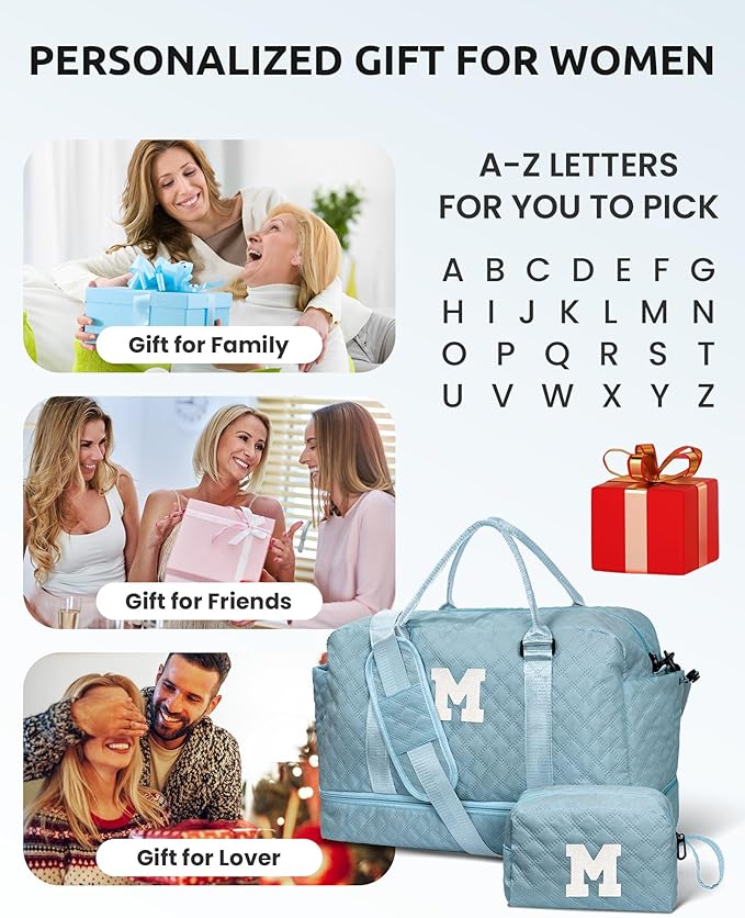 Gifts for Daughter - Personalized Kids Weekender Bag with Shoe Compartment, Monogram Overnight Bag, Travel Bag with Makeup Bag, Sister, Friend, Girlfriend Gifts (Letter M)