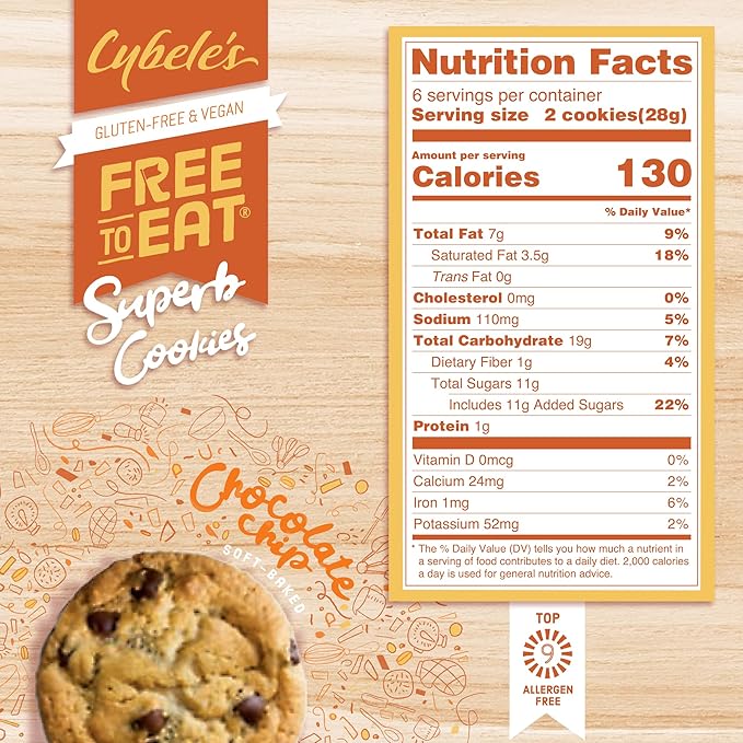 Cybele’s Free To Eat Gluten-Free & Vegan Cookies - Plant-Based, Dairy, Soy, & Nut Free - Soft-Baked School Safe Snack For Kids & Adults - 12 Cookies Per 6 oz Box (Chocolate Chip, Pack of 6)