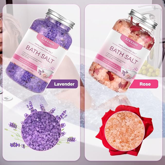 Bath Salts kit Himalayan Pink Salt -46 oz, Pack of 2 Natural Epsom Salt Rose, and Lavender- Essential Oils Relaxes and Better Sleep Foot Soak Tea Tree Oil Soaking & Bathing