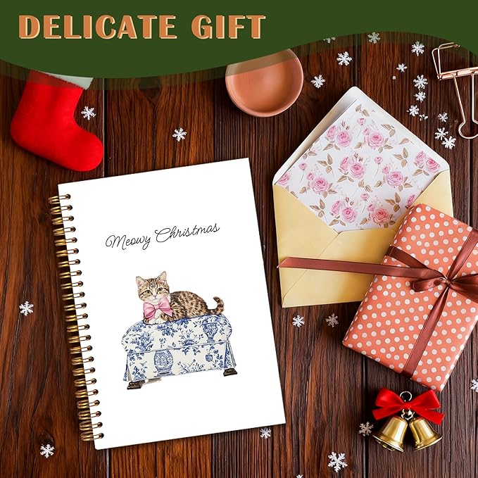 Exqcom Chinoiserie Christmas Tabby Cat Spiral Notebook Gifts, Pink Bow Blue and White Toile Tabby Cat Journal for Women, Merry Christmas Hardcover Notebook Journal Office School Supplies, 5.5x8.3 Inch