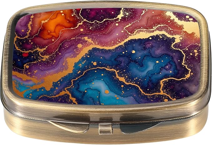 Dynippy Pill Case Pill Box with Mirror Retro Pocket 2 Compartment Medicine Case Vitamin Pill Organizer for Pocket Purse and Travel (A-Marble Ripple)