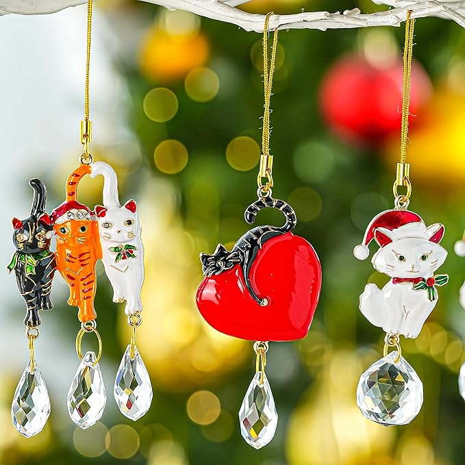 H&D HYALINE & DORA Red Heart with Black Cat Decor Hanging Ornaments Christmas Tree Ornaments Crystal Glass Animal Hanging Ornament 2025(Set of 6)