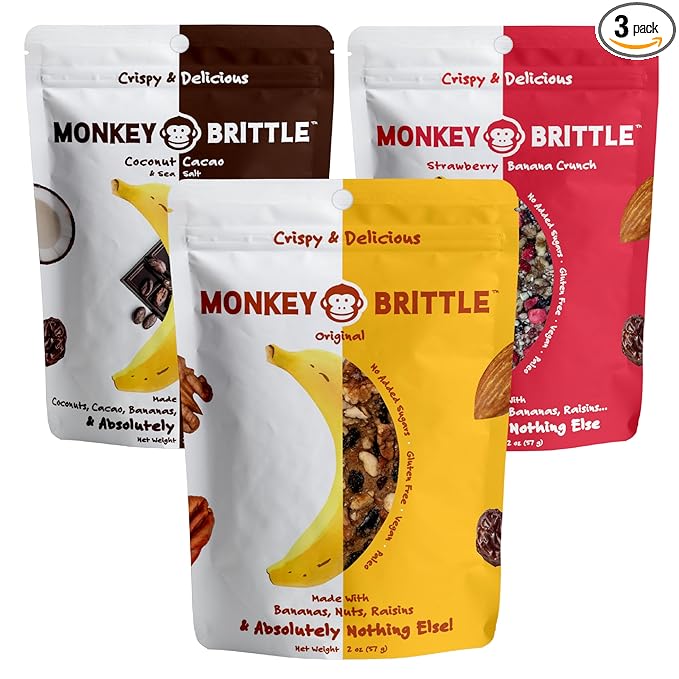 Monkey Brittle Healthy Snacks, Crispy Plant-Based Treats for Kids & Adults, Vegan & Gluten-Free, All-Natural Snack for School, Sports, Camping & On-the-Go (Pack of 3), Combo - Original + Cacao Coconut + Strawberry Banana Crunch