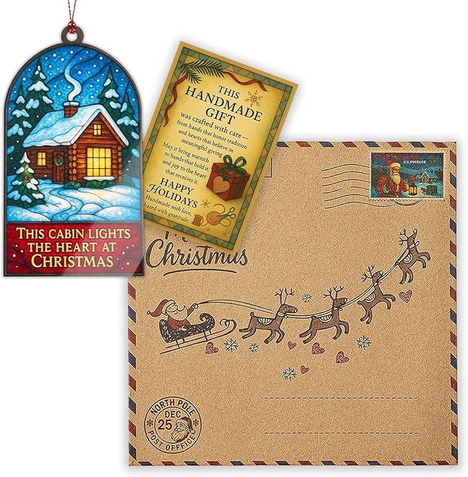 Christmas Cabin Ornament – Rustic Winter Lodge | Holiday Home Décor – Cozy Cabin Gift – Snowy Woodland Scene Card – Christmas Tree Decoration – Suncatcher Effect Window – Car Hanging