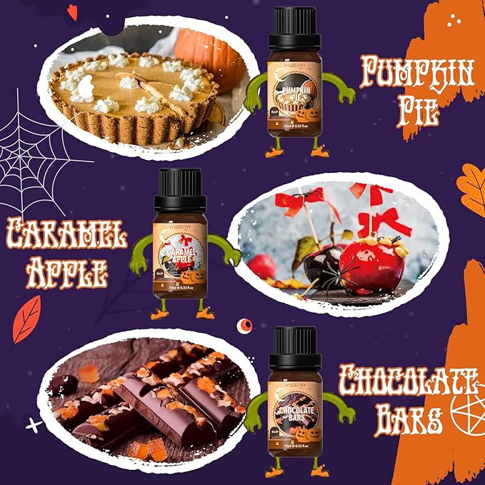 Halloween Fragrance Oils Set, Essential Oils for Diffusers Home, Scented Oils for Candle Soap Making - Pumpkin Pie, Caramel Apple, Chocolate Bars, Snickerdoodle, Caramel Corn, Witch's Brew