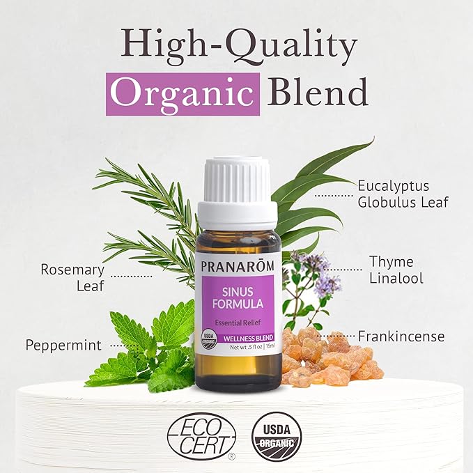 Pranarom - Sinus Formula Essential Oil Blend, Organic Essential Oils for Health, Essential Oils for Wellness, Aromatherapy Essential Oils, Certified Organic, 15ml