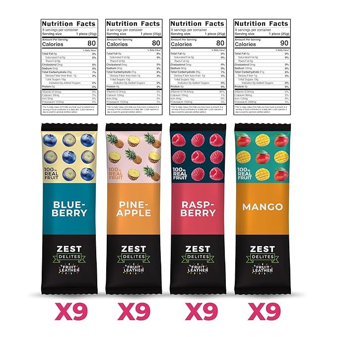 Fruit Snacks by Zest Delites, Fruit Leather Bars, Healthy Snacks for Adults & Kids, Vegan, Dried Apple-Based Pineapple, Mango, Blueberry, Raspberry Strips 0.88 oz x 36