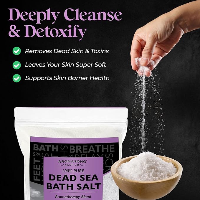 Aromasong Pure Dead Sea Salt for Soaking with 100% Natural Lavender, 2.43 LB - Spa Bath Salt Fine Grain - Body Wash Scrub - Soak for Women & Men- Bulk Resealable Pack