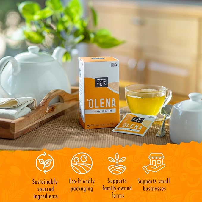 Olena Turmeric Tea, Herbal Green Tea Blend, All-Natural and Antioxidant-Rich For Wellness with Ginger and Black Pepper, Vegan and Keto-Friendly, 20 Bags - Hawaiian Natural