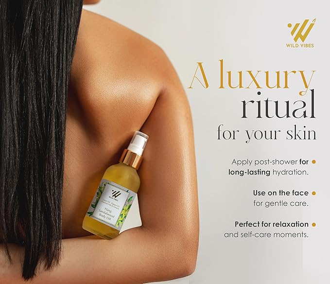 Wild Vibes Ylang Sandalwood + Amber Luxury Body Oil – Organic with Sandal and Tropical Oils for Hydrated, Radiant Skin – Anti-Aging After Shower for Women – 4 oz