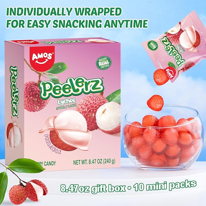 AMOS Peelerz Lychee Gummy Candy, Peelable Fruit-Shaped Candy, 8.47oz Box with 10 Individual Packs – Fun Peeling Gummy Snack Made with Real Juice