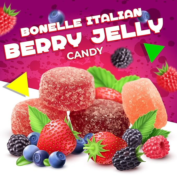Bonelle Italian Berry Jelly Candy | 1 Pound Bag | Naturally Flavored Dye Free Candy | Strawberry, Raspberry, Blackberry, Blueberry | Vegan Gourmet Jellies