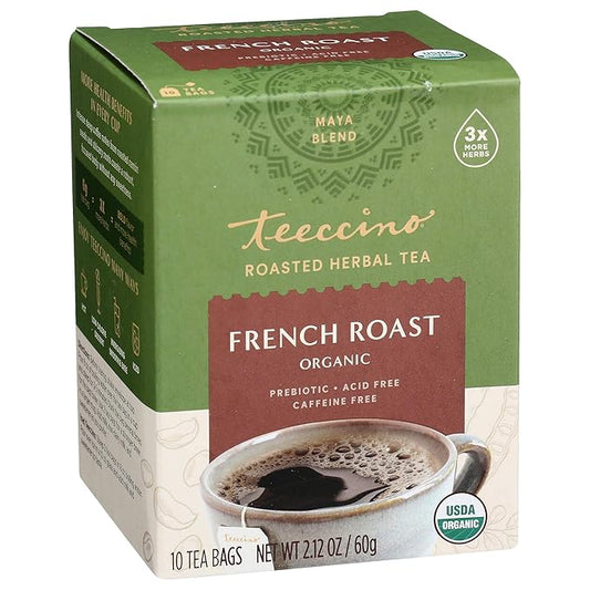 Teeccino French Roast Herbal Tea - Rich & Roasted Herbal Tea That’s Caffeine Free & Prebiotic for Natural Energy, Coffee Alternative, 10 Tea Bags