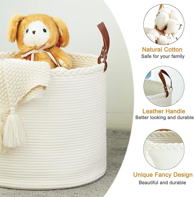 KAKAMAY Large Blanket Basket (18"x16"),Woven Baby Laundry Hamper,Cotton Rope Blanket Basket for Nursery, Laundry, Living Room, Pillows, Baby Toy chest with Leather Handles (White)