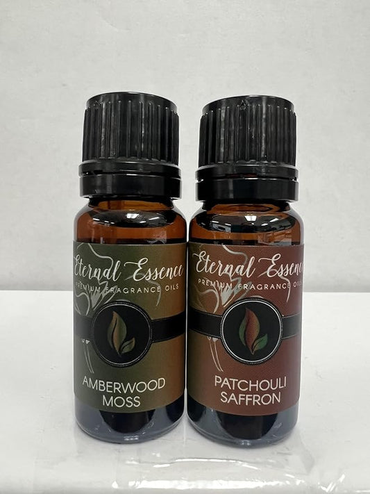 Eternal Essence Oils 2 Pack 10ml Premium Fragrance Oil - Amberwood Moss & Patchouli Saffron - for Candle, Soap Making, Aromatherapy, Diffusers, Home Care, & Humidifiers