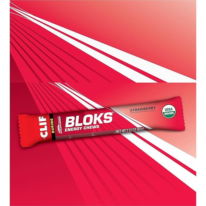 CLIF BLOKS - Strawberry Flavor - Energy Chews - Non-GMO - Plant Based - Fast Fuel for Cycling and Running - Quick Carbohydrates and Electrolytes - 2.12 oz. (18 Count)