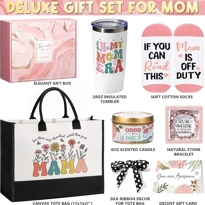 Gifts for Mom Christmas Gifts from Daughter Son kids, Best Birthday Gift Basket for Mom Women Mother-in-Law Mama Mothers Day, Unique Gift for Mothers Wife from Husband with Canvas Tote Bag Tumbler